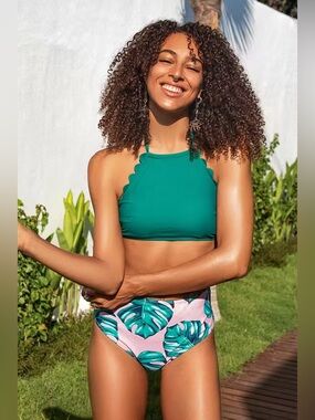 Cupshe Teal and Palm Print High-Neck Halter Bikini